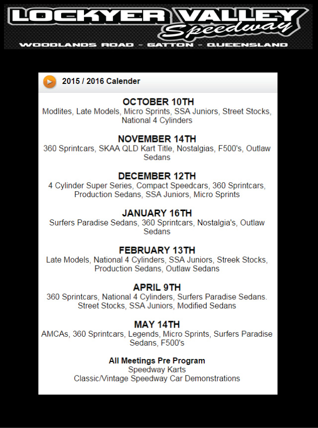 Lockyer Valley Speedway 2015-16 Calendar